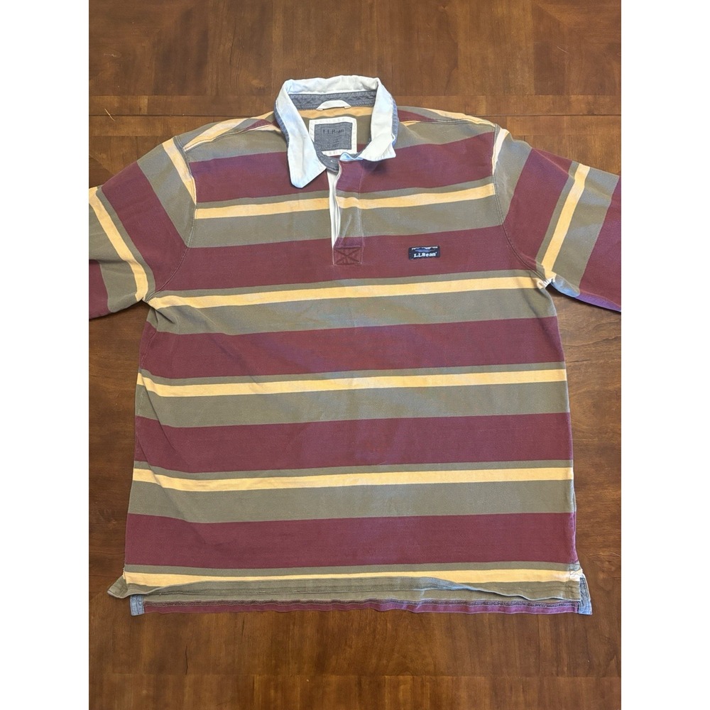LL Bean Rugby Shirt Mens XL Maroon Green Stripe Long Sleeve Traditional Fit